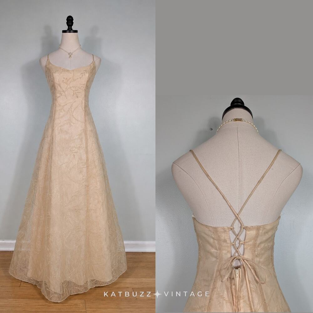 Vintage Prom Dress Maxi Gown S Gold Corset Fairy Princess Glam 90s Y2K Floral